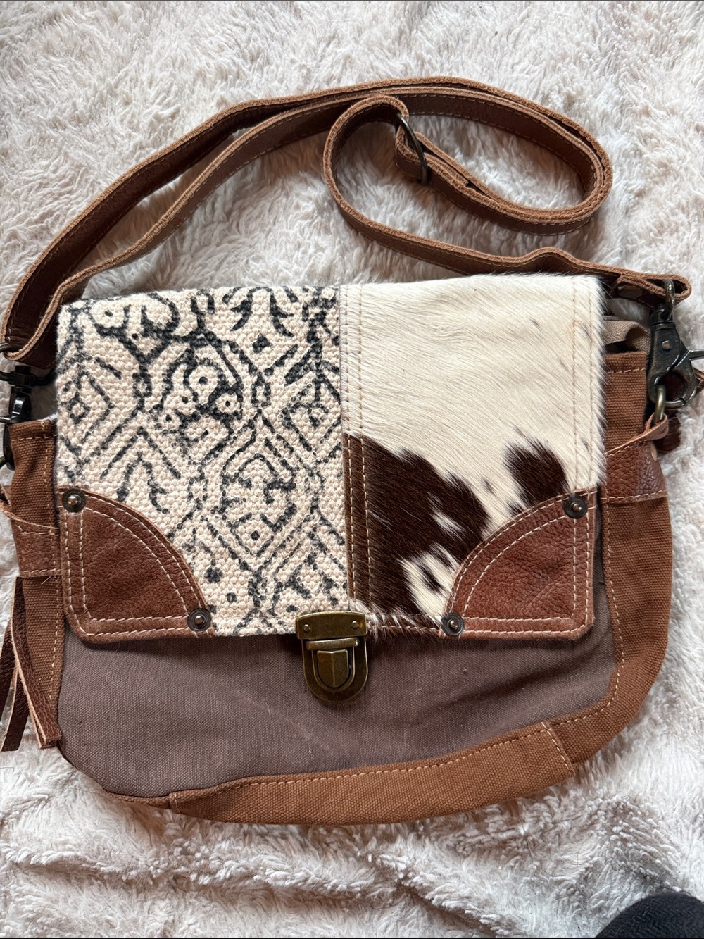 Myra Bag Brown, Cream and White Patchwork Crossbody with Haircalf